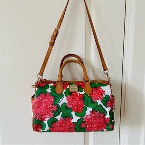Dooney & Bourke Hydrangea Red/Green Floral Print Leather Satchel/Shoulder Bag